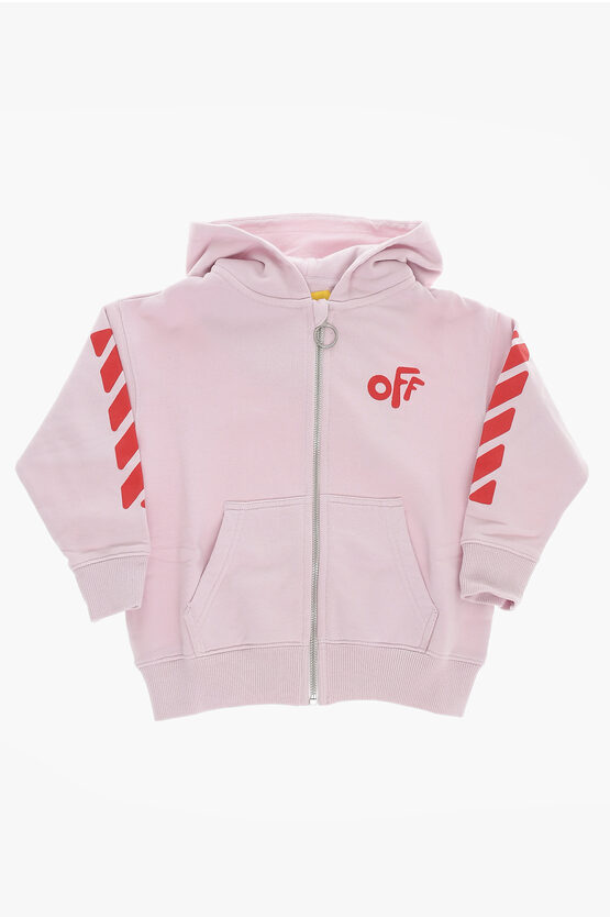 Off-white Brushed Cotton Sweatshirt With Zip Closure In Pink