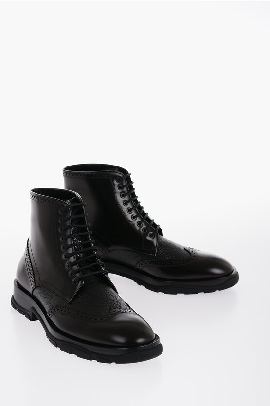 Shop Alexander Mcqueen Brushed Leather Boots With Brogues Details