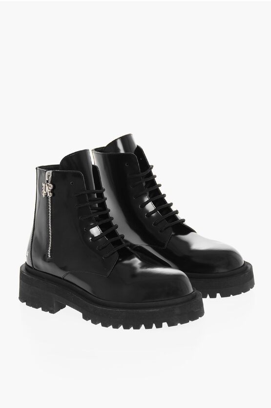 Shop Palm Angels Brushed Leather Combat Boots With Logo Print