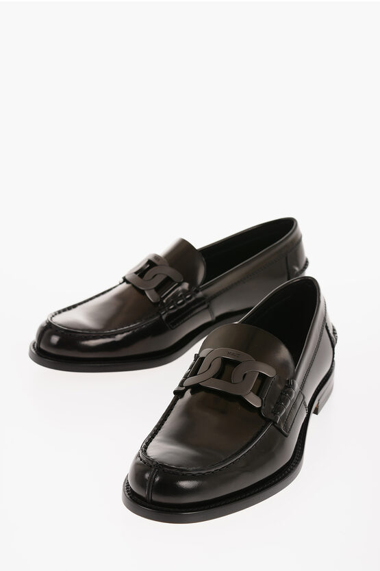 Shop Tod's Brushed Leather Loafers With Chain Deatil