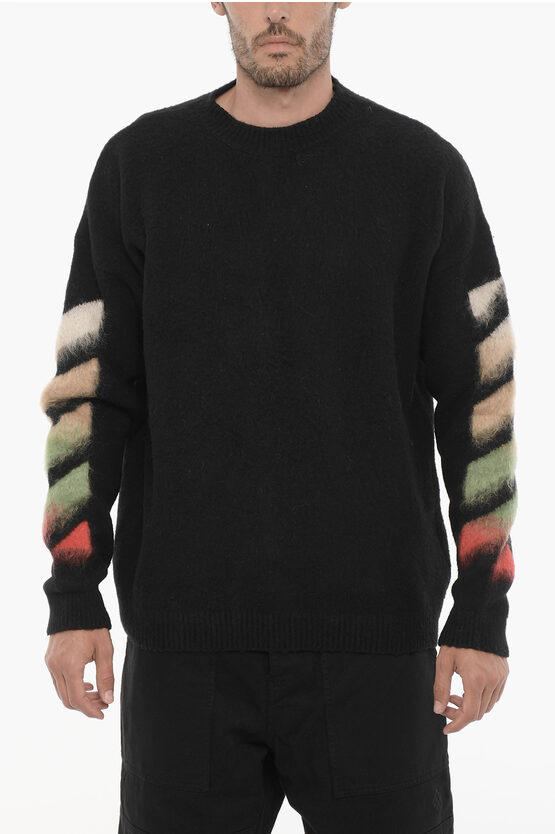 Off-white Brushed Wool Crew-neck Sweater With Contrasting Logo In Black