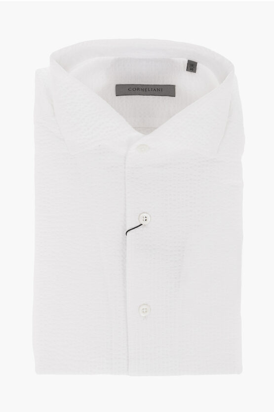 Corneliani Bubble Effect Jacquard Cotton Shirt With Standard Collar In White