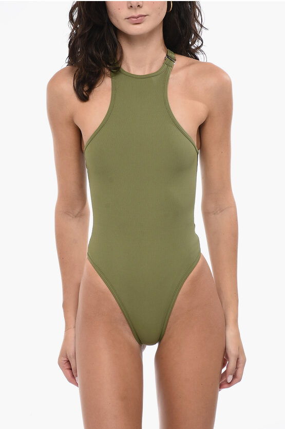 Shop Attico Buckle Logoed One-piece Swimsuit