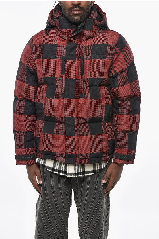 Woolrich Buffalo Checked Down Jacket With Hood In Black
