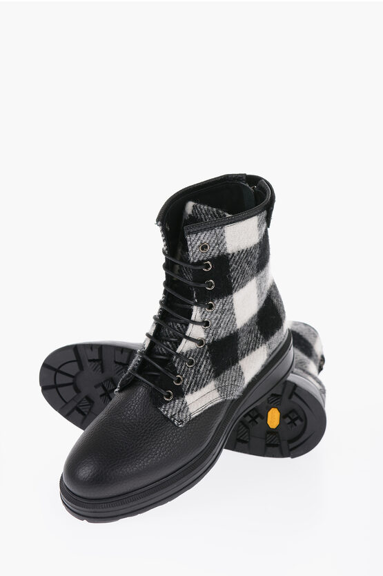 Shop Woolrich Buffalo Checked Wool And Textured Leather Combat Boots