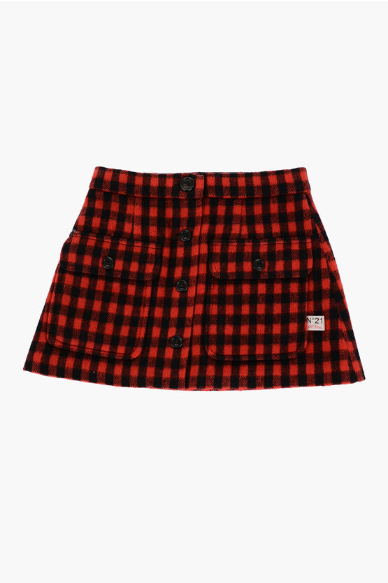 N°21 Buffalo Checked Wool Blend Skirt With Front Buttoning In Red