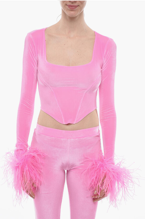 Adriana Hot Couture Bustier Chenille Bustier Top With Faux Feather On The Sleeve In Pink