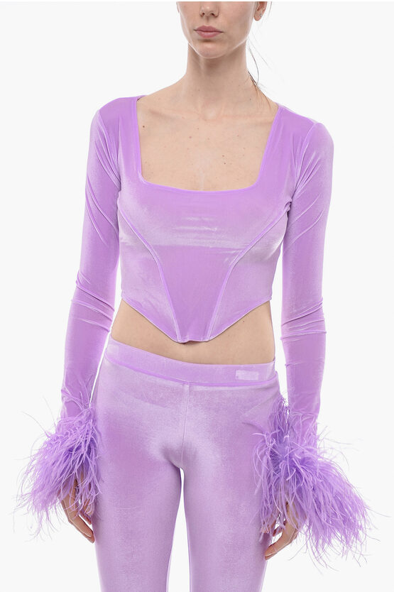 Adriana Hot Couture Bustier Chenille Bustier Top With Faux Feather On The Sleeve In Purple