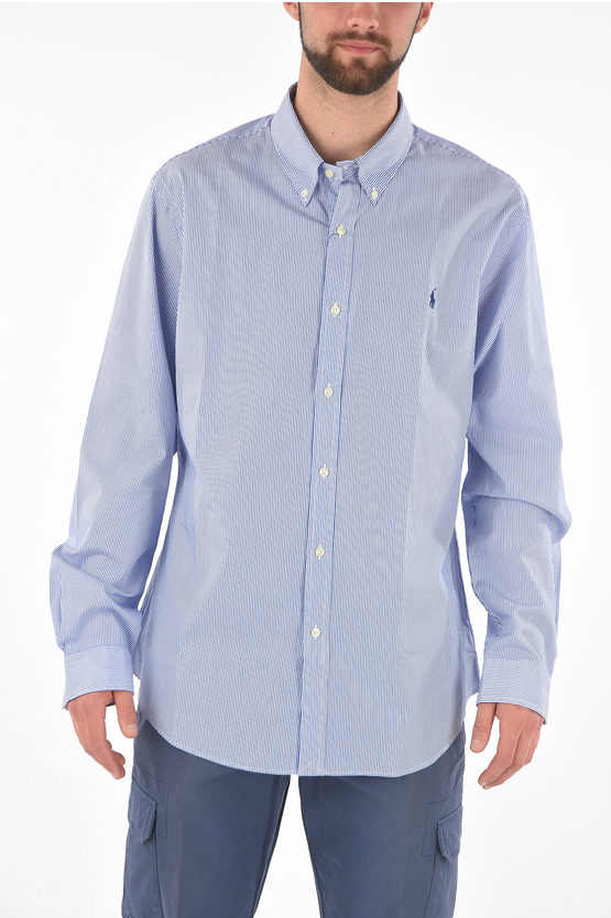 Polo Ralph Lauren Button-down Collar Pinstriped Cotton Shirt In Blue