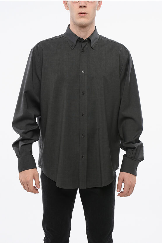 Fendi Button-down Collar Virgin Wool Shirt In Black