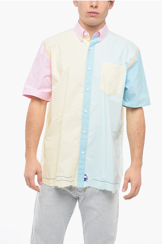 Ader Error Button-down Cotton Shirt With Color Block Motif In Blue