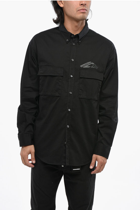 Dsquared2 Button-down Icon Shirt With Utility Pockets In Black