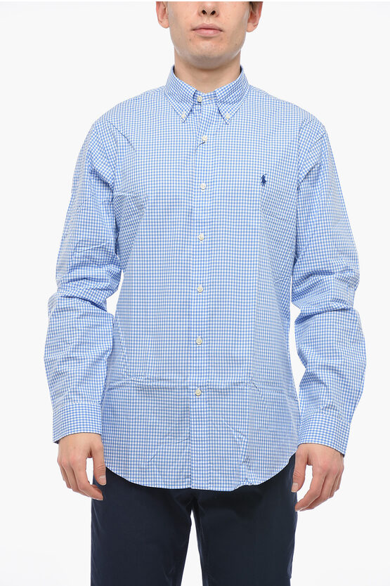 Polo Ralph Lauren Button-down Stretch Cotton Shirt With Gingham Pattern In Gold