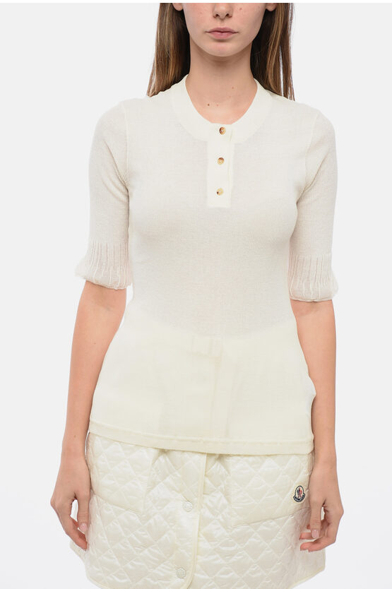 Shop Bottega Veneta Buttoned Neck T-shirt With Ruffled Sleeves