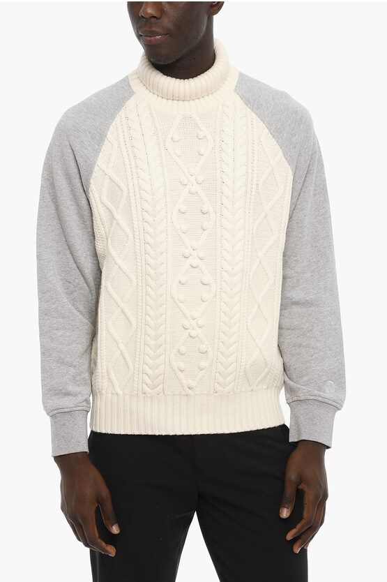 Neil Barrett Cable Knit Double Fabric Hybrid Turtleneck Sweater In Neutral