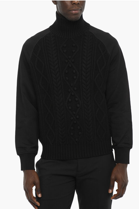 Shop Neil Barrett Cable Knit Double Fabric Hybrid Turtleneck Sweater