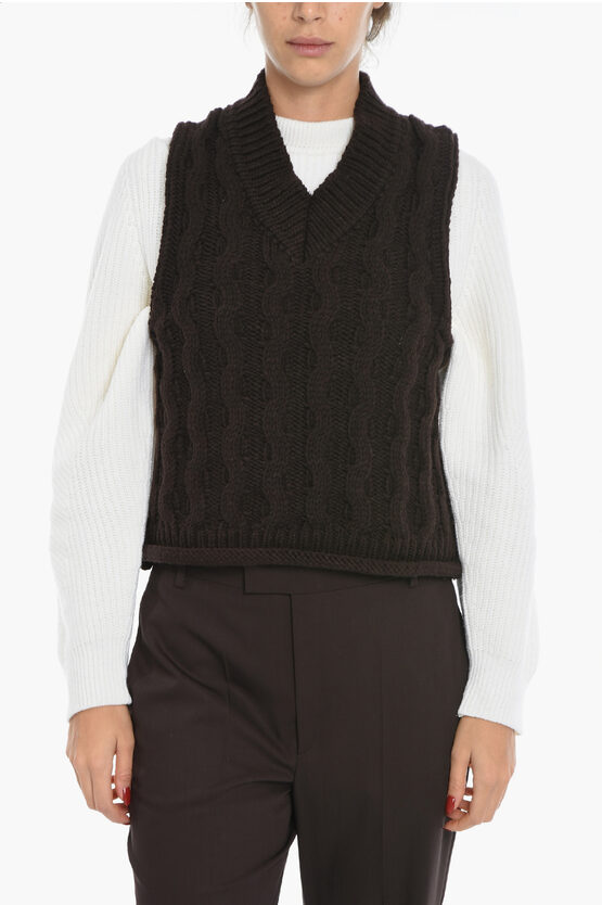 Samsoe & Samsoe Cable Knit Sleeveless Huske V-neck Sweater Sleeveless In Black