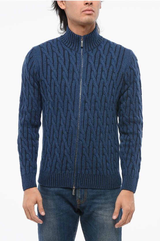 Moorer Cable Knit Urbino Cashmere Blend Sweater In Blue