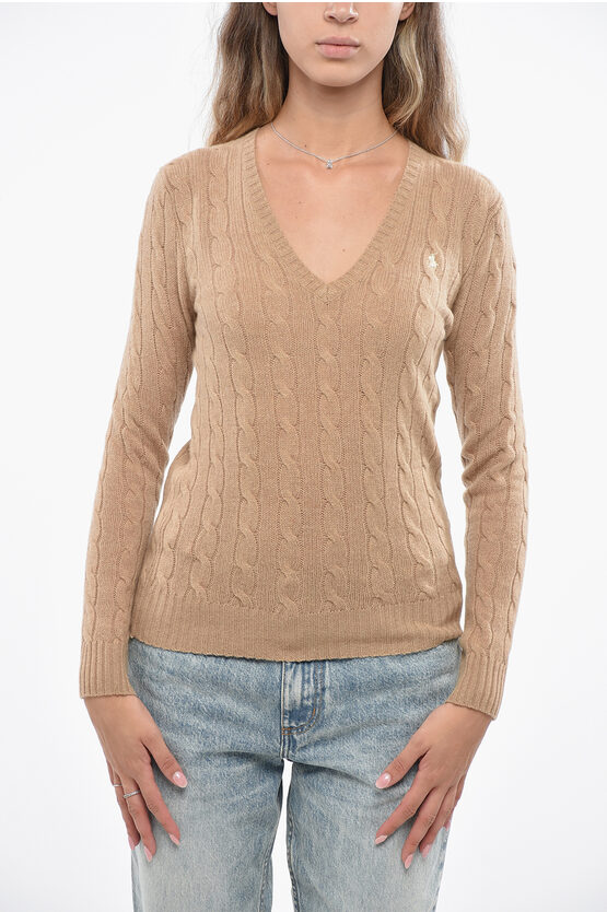 Polo Ralph Lauren Cable Knit V-neck Sweater In Brown