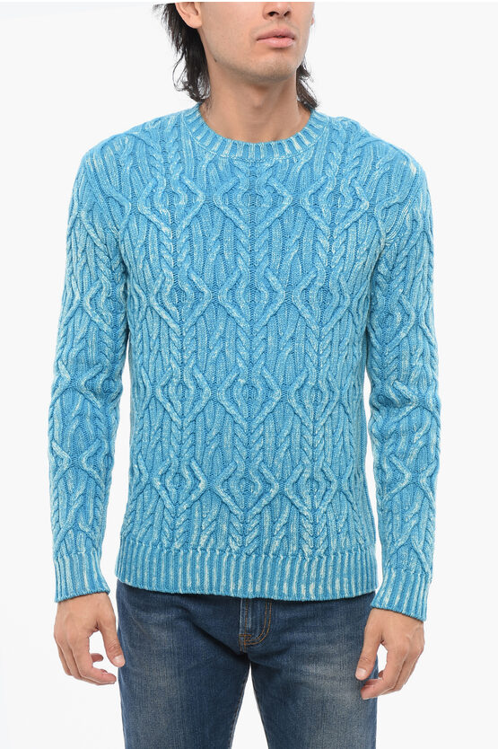 Altea Cable Knit Virgin Wool Sweater With Crew Neck In Blue