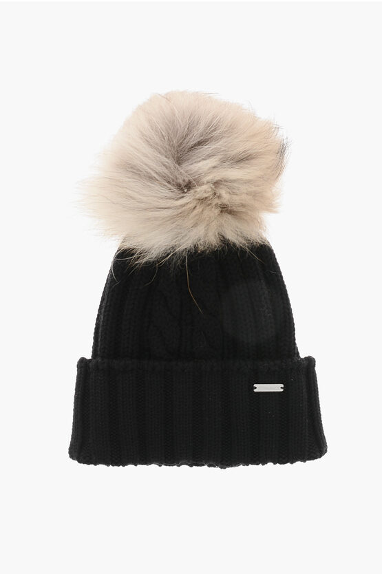 Woolrich Cable Knit Wool Beanie With Fur Pompom In Black