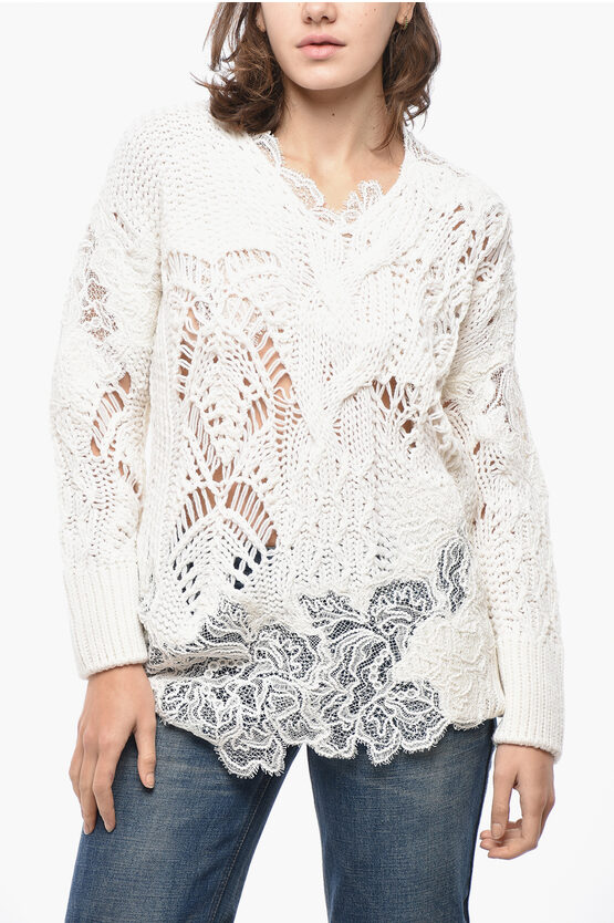 Ermanno Scervino Cable Knit Wool Blend Sweater With Lace Details In White
