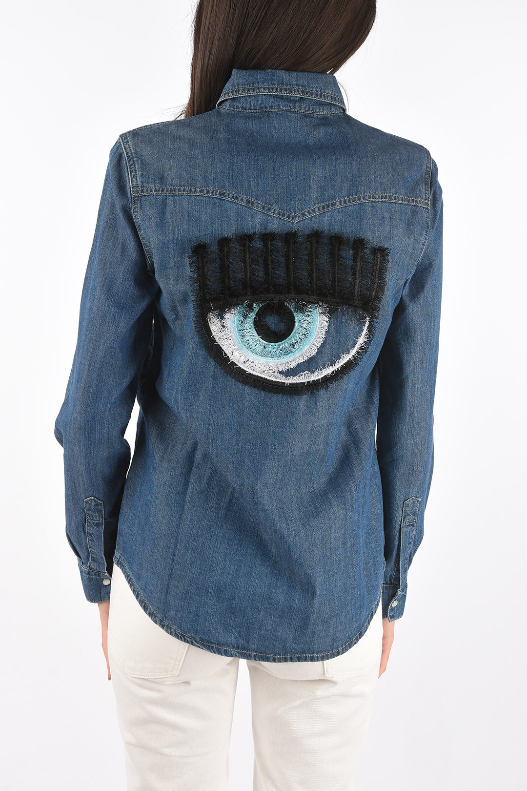 Chiara Ferragni camicia in denim bottoni automatici e ricamo logo