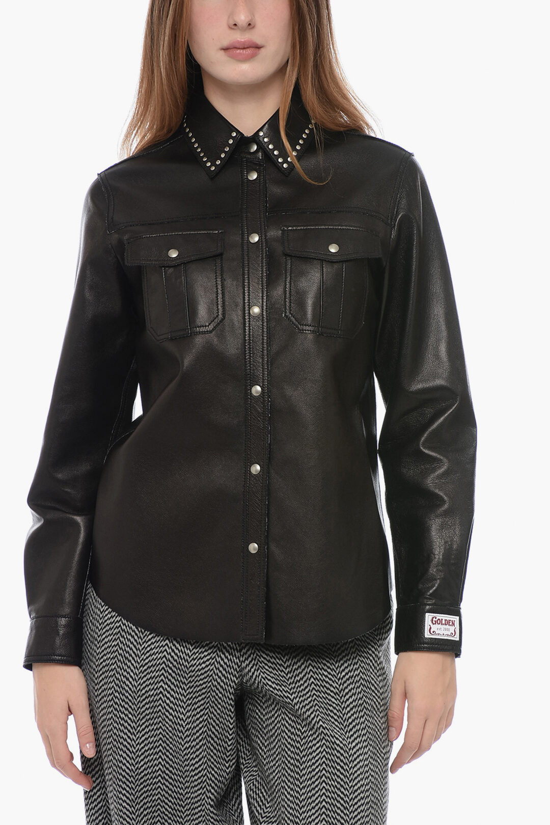 Golden Goose Camicia in Pelle a Taglio Vivo con Dettaglio Borchie