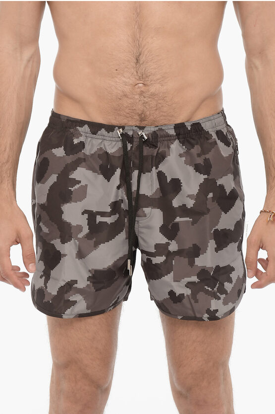 Shop Neil Barrett Camouflage Motif Slim Fit Swim Shorts