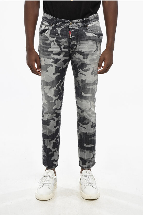 Dsquared2 Camouflage Motif Stretch Denim Skater Jeans 15cm In Gray