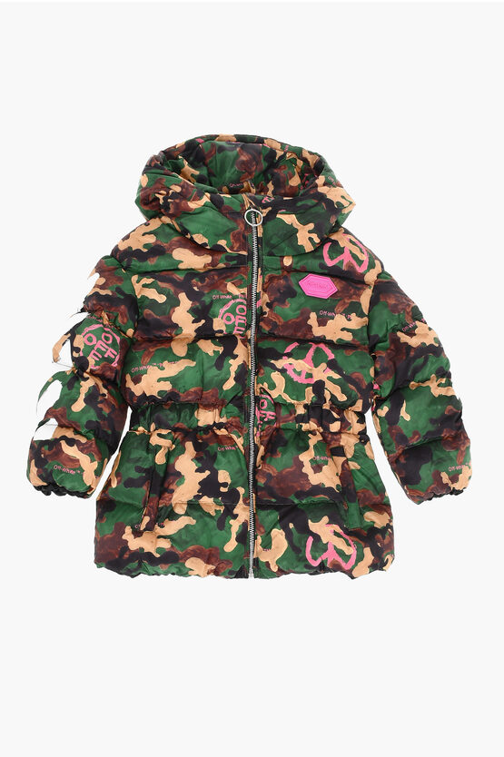 Off-white Camouflage Padding Jacket With Hood In Green