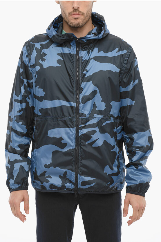 Woolrich Camouflage Southbay Windbreaker Jacket With Hood In Blue