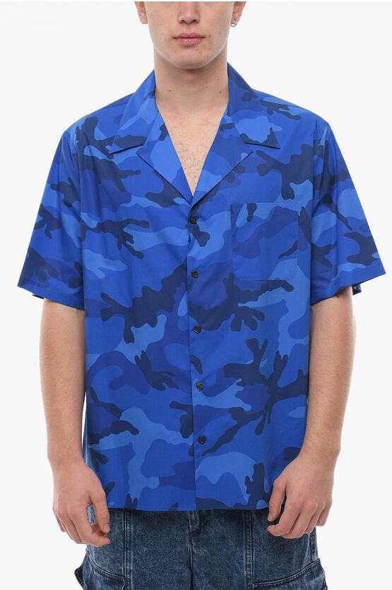 Shop Valentino Camp Collar Cotton Shirt With Camouflage Motif