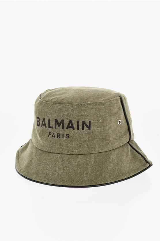 Balmain Canvas B-army Bucket Hat With Leather Trims In Green