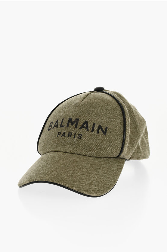 Balmain Canvas B-army Cap With Leather Trims In Green