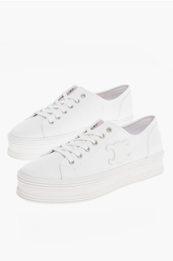 Celine Canvas Low-top Sneakers With Leather Triomphe Detail And Pla In White