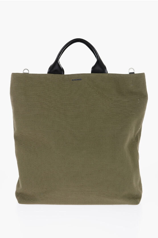 Shop Jil Sander Canvas Shopper Bag With Leather Handles