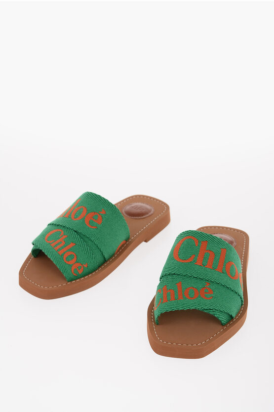Chloé Canvas Tape Sliders With Embroidered Logo In Green