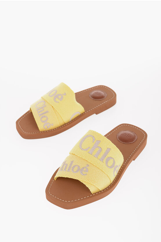 Chloé Canvas Tape Sliders With Embroidered Logo In Yellow