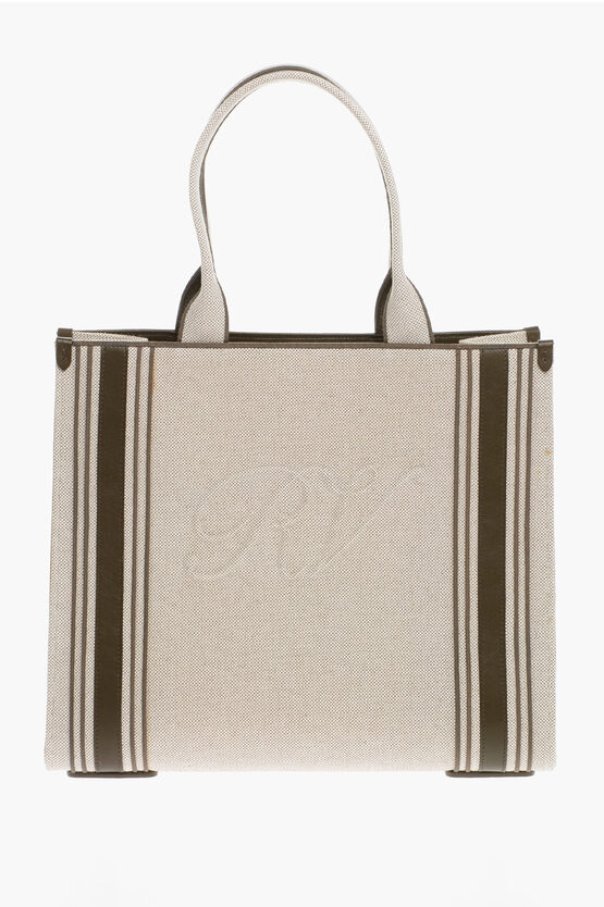 Roger Vivier Canvas Tote Bag With Leather Trims And Embossed Logo In Neutral