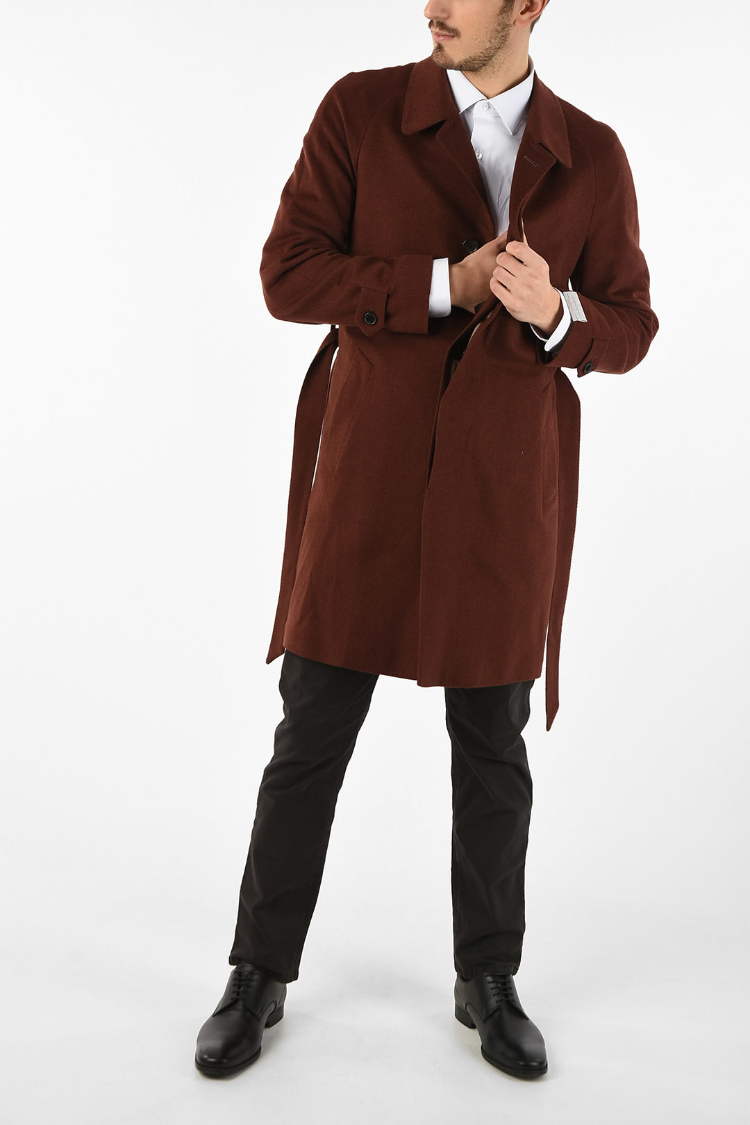 Corneliani cappotto balmacaan in cashmere con cintura uomo