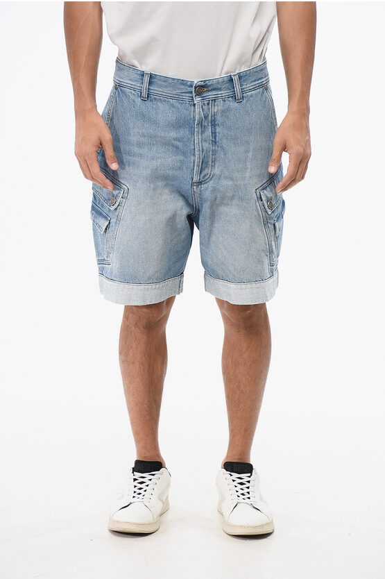 Balmain Cargo Shorts With Logo Button In Blue