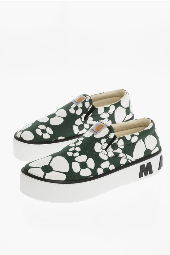 Marni X Carhartt Floral Slip-on Sneakers In Forest Green