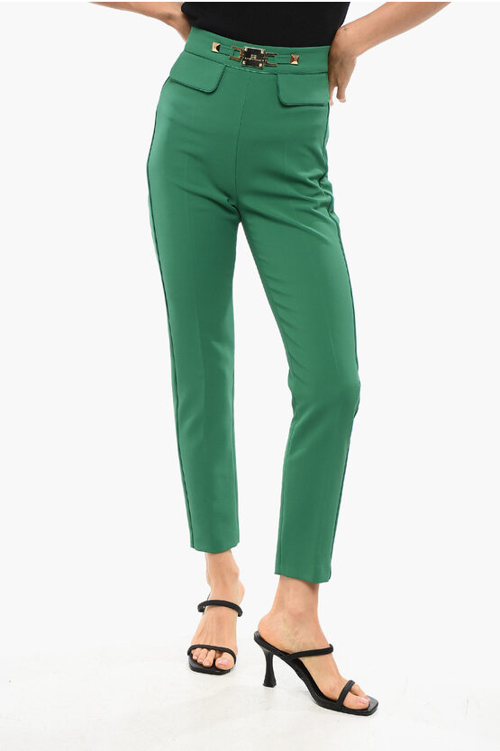 Elisabetta Franchi Carrot Fit Pants With Logoed Detail In Green