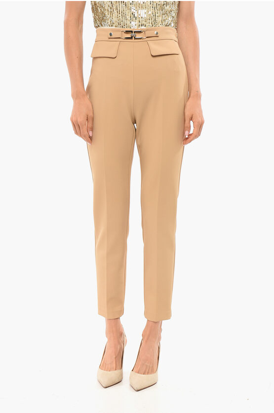 Elisabetta Franchi Carrot Fit Pants With Monogram Buckle In Brown