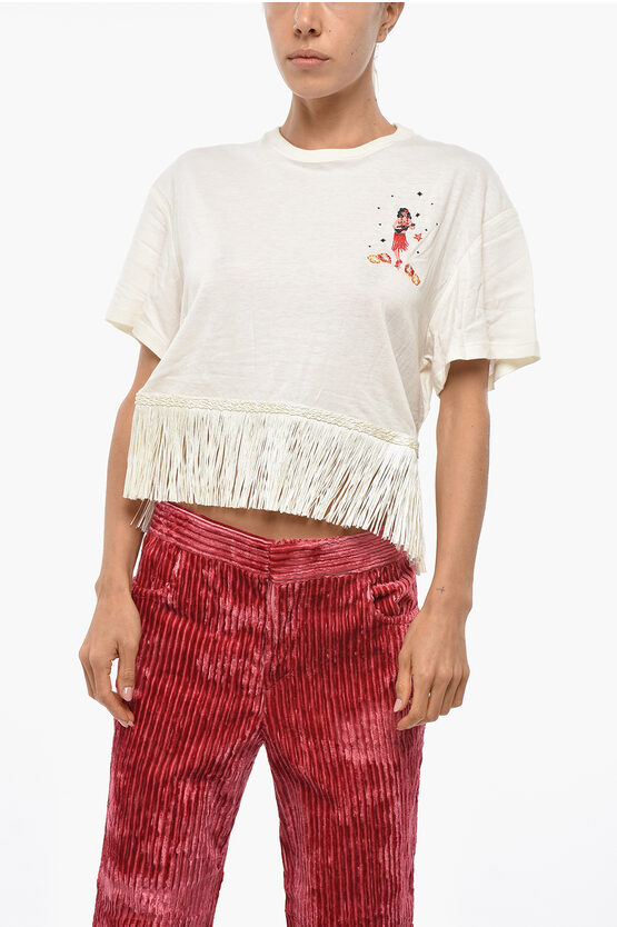 Alanui Cashemere And Cotton Hawaiian Crew-neck T-shirt With Fringes In Neutral