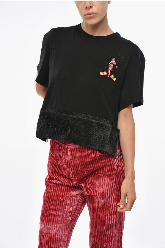 Alanui Cashemere And Cotton Hawaiian Crew-neck T-shirt With Fringes In Black