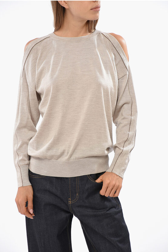 Brunello Cucinelli Cashmere And Silk Crew-neck Sweater With Rhinestone In Gray