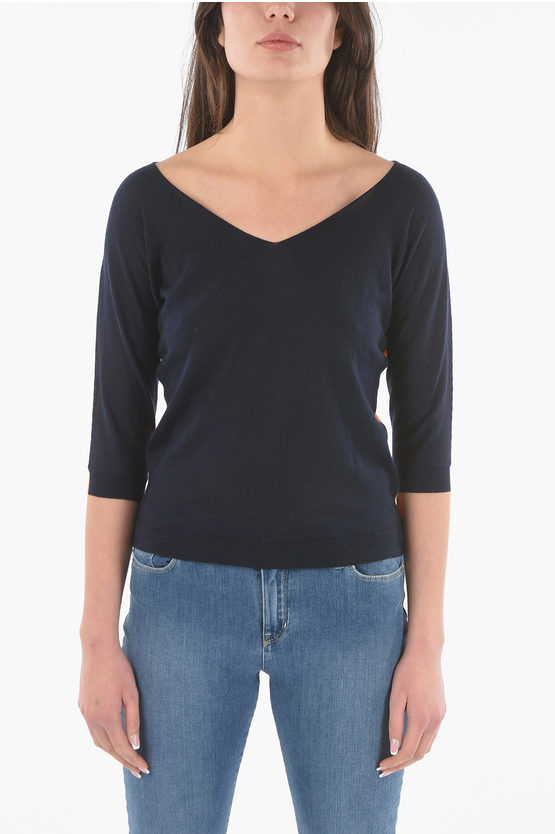 Woolrich Cashmere And Silk V-neck Jumper With Two-tone On The Back In Blue