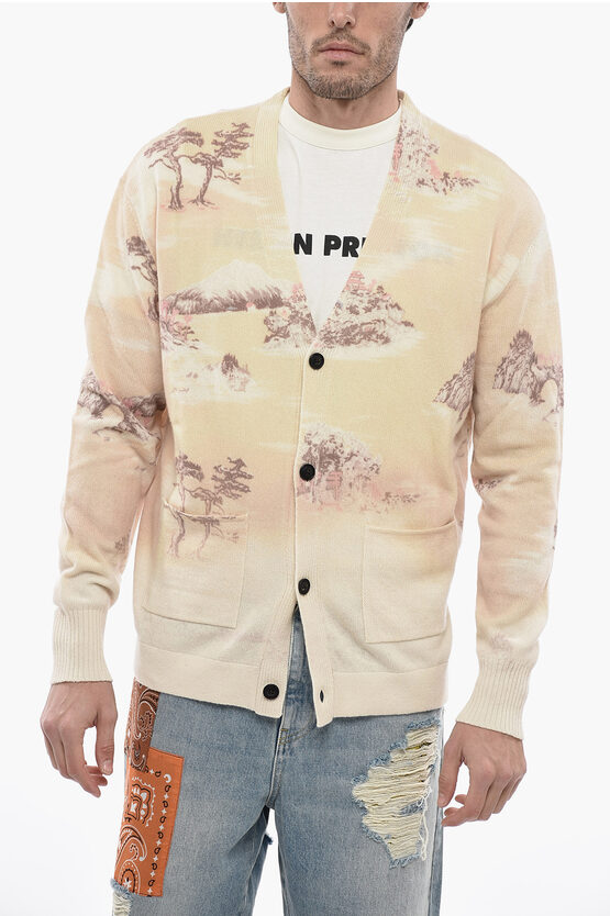 Amiri Cashmere And Wool Cardigan With Patch Pockets In Neutral